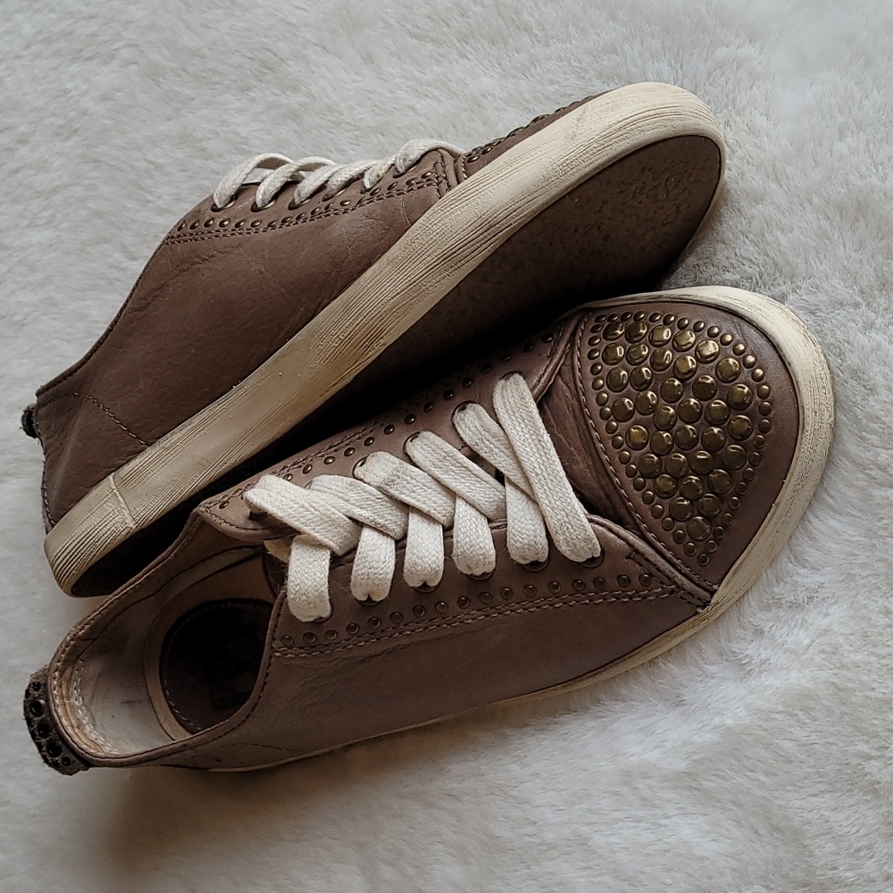 Frye Kira Distressed Leather Studded Low Sneaker Brown Casual Boho Shoes